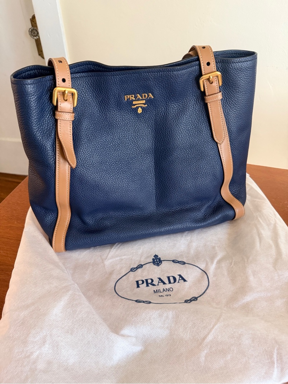 Prada Vitello Daino Shopping Tote Navy Blue Tan Leather Gold Hardware